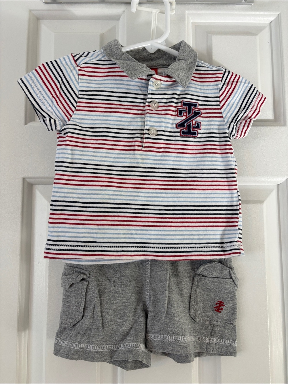 Izod Striped Polo & Gray Shorts Set in Red, Navy, White & Gray